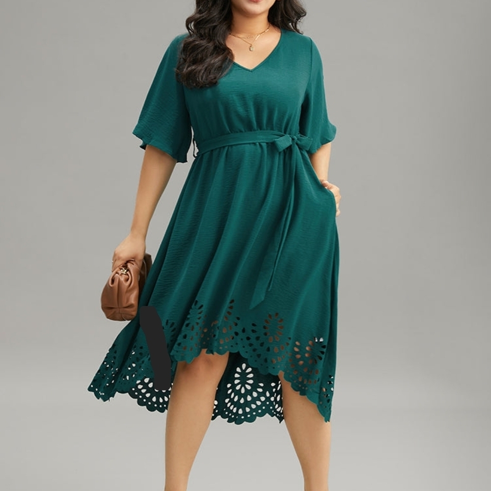 BloomChic Emerald High Low Dress with Lace Detail